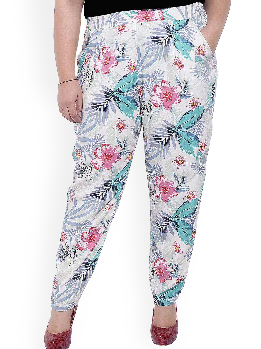 

LastInch Women Floral Printed Original Straight Fit Trousers, White