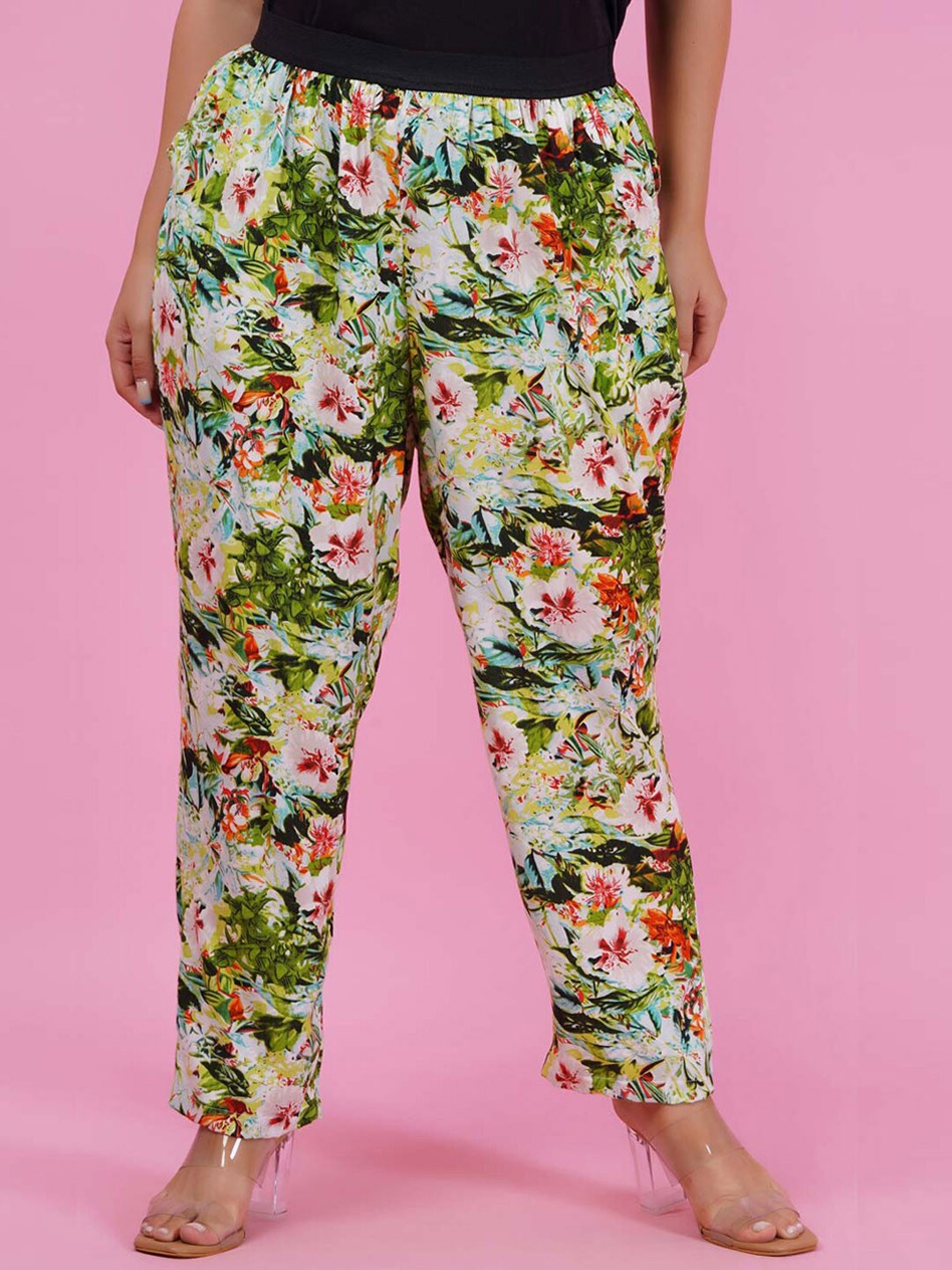 

LastInch Women Plus Size Floral Printed Original Straight Fit Trousers, Green
