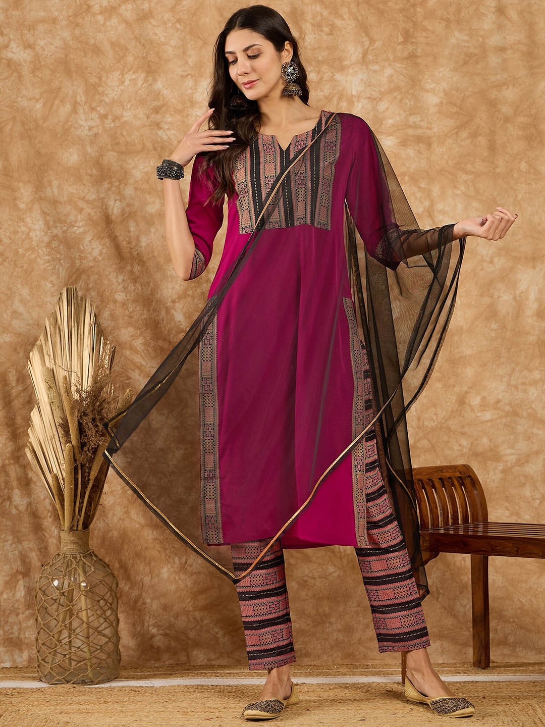 

ZIYAA Pink & Black Yoke Design Printed Notch Neck Straight Kurta With Trousers & Dupatta