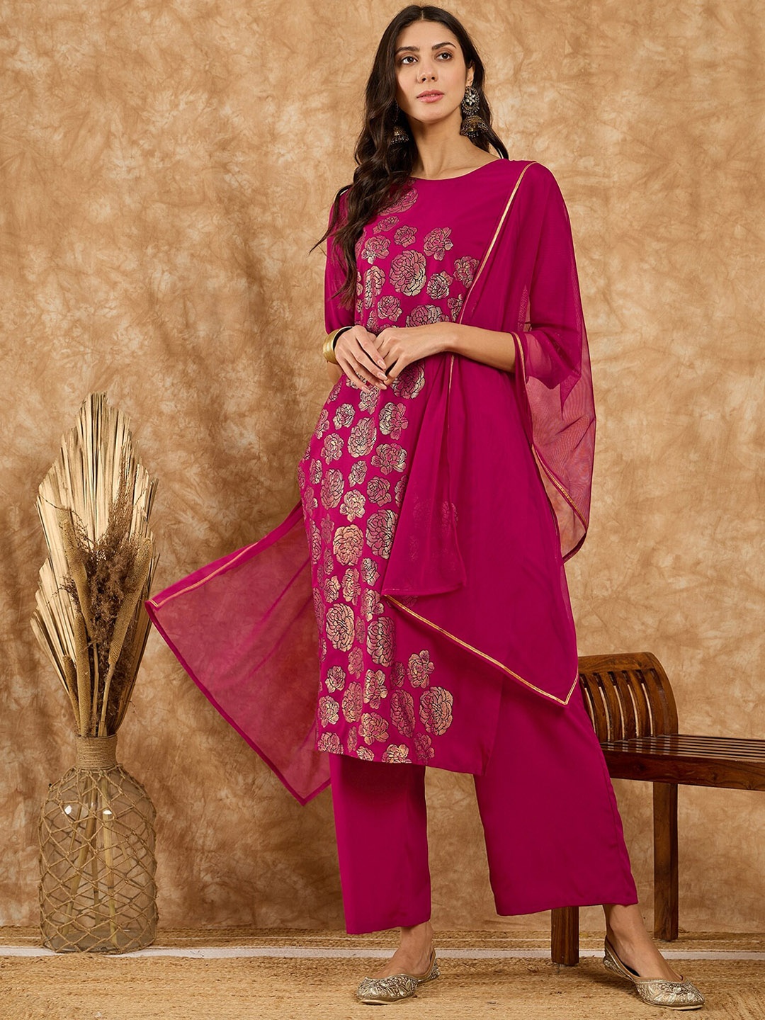 

ZIYAA Floral Printed Regular Kurta with Palazzos & With Dupatta, Pink