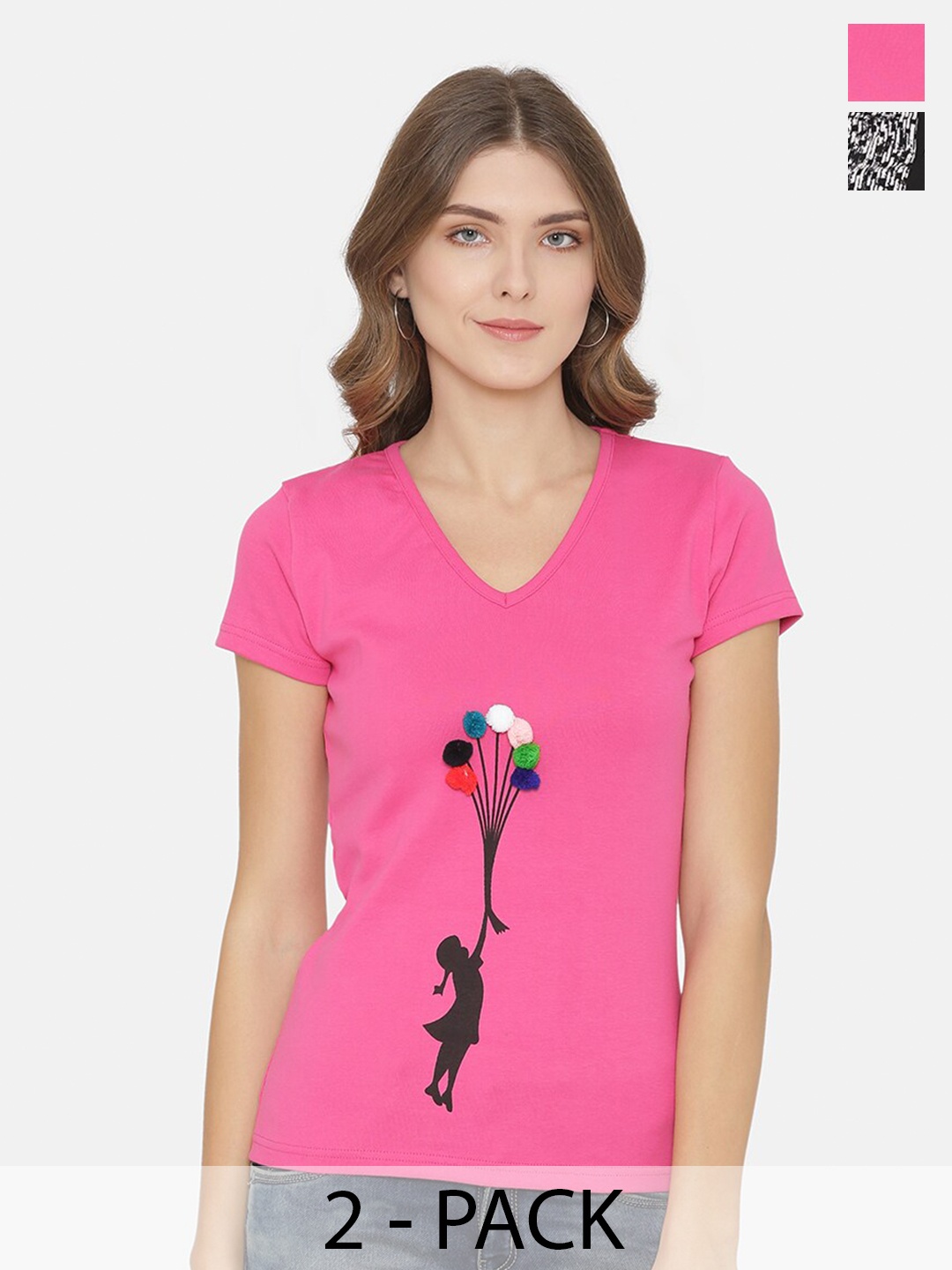 

Yaadleen Pack Of 2 Printed Cotton Tops, Pink