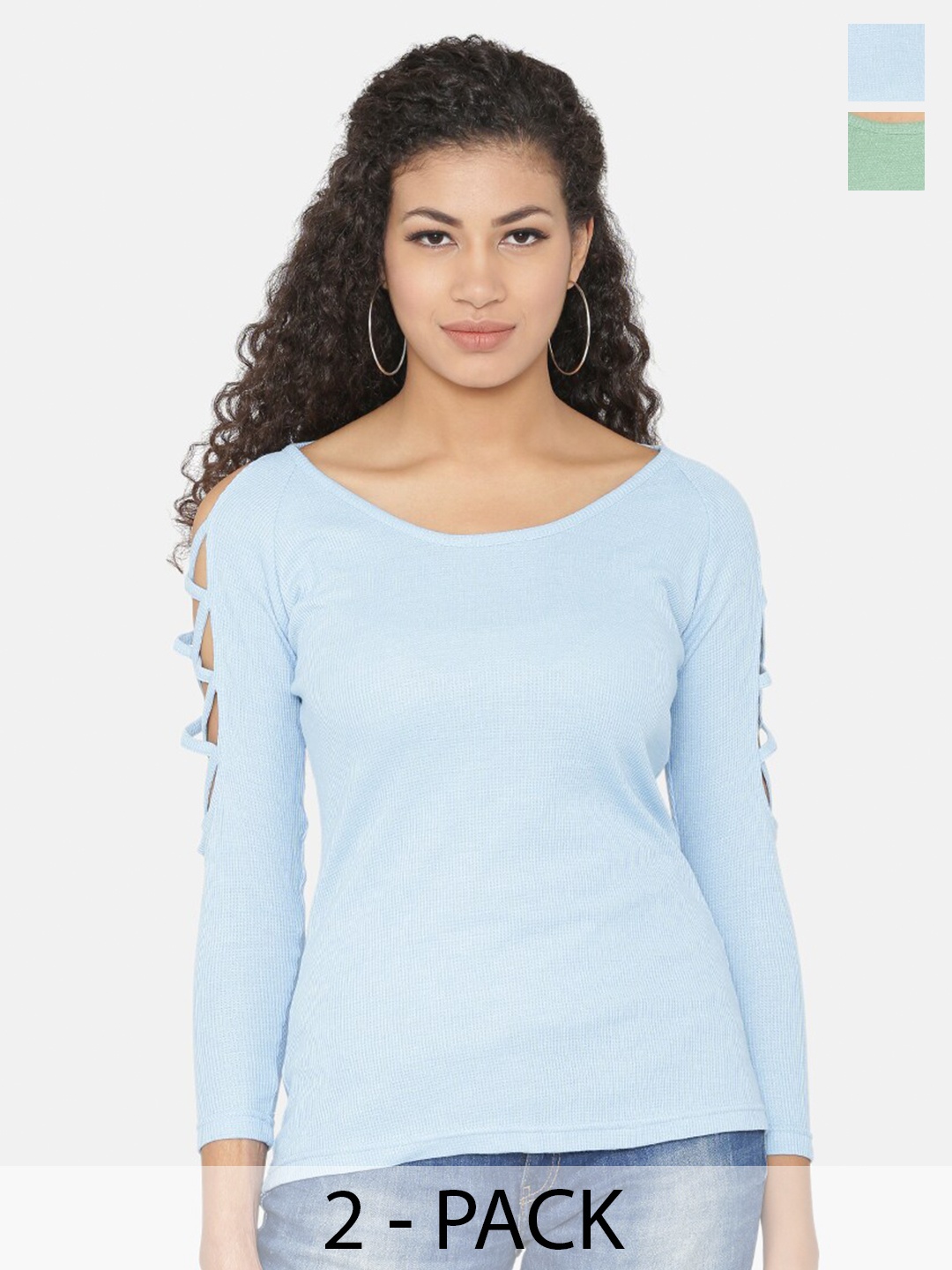 

Yaadleen Pack of 2 Raglan Sleeves Cut Out Ribbed Cotton Tops, Blue