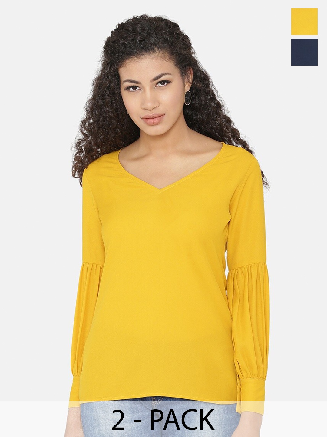 

Yaadleen Pack of 2 V-Neck Cuffed Sleeves Tops, Yellow