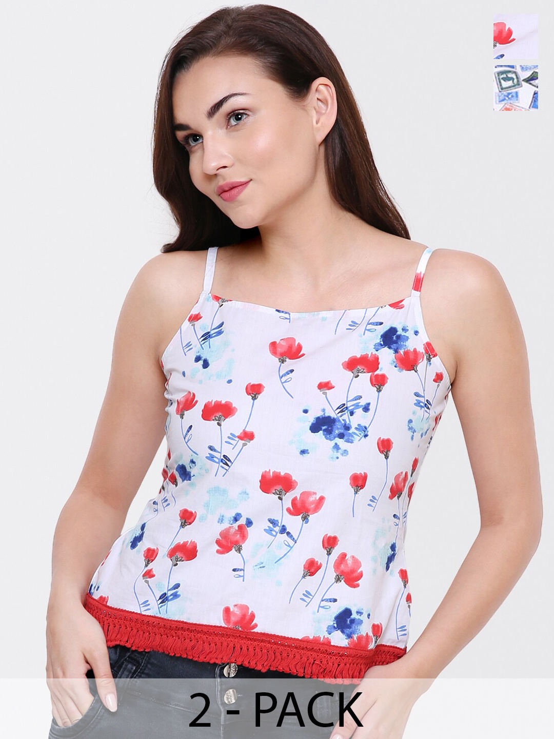 

Yaadleen Pack of 2 Printed Shoulder Straps Cotton Tops, White