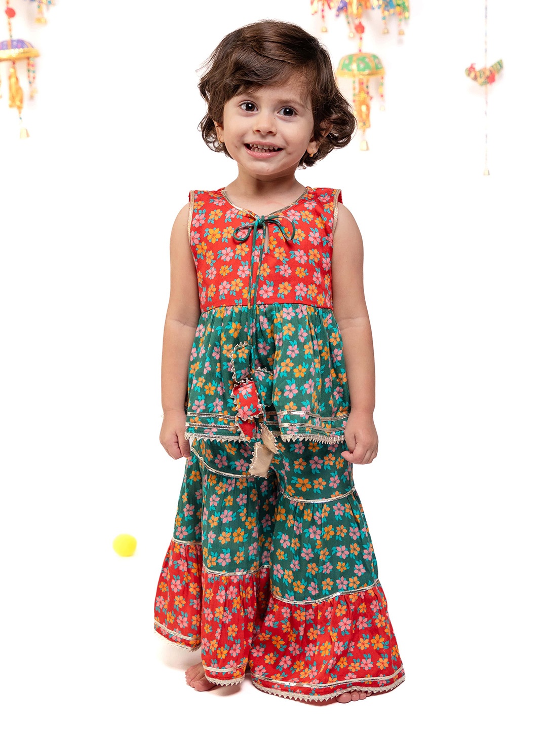 

BAESD Printed Pure Cotton A-Line Kurti With Sharara, Red