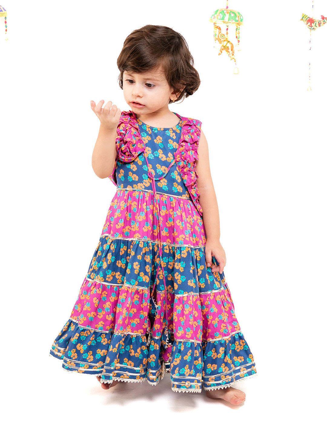 

BAESD Girls Ethnic Motifs Printed Gathered Pure Cotton Maxi Ethnic Dress With Jacket, Pink