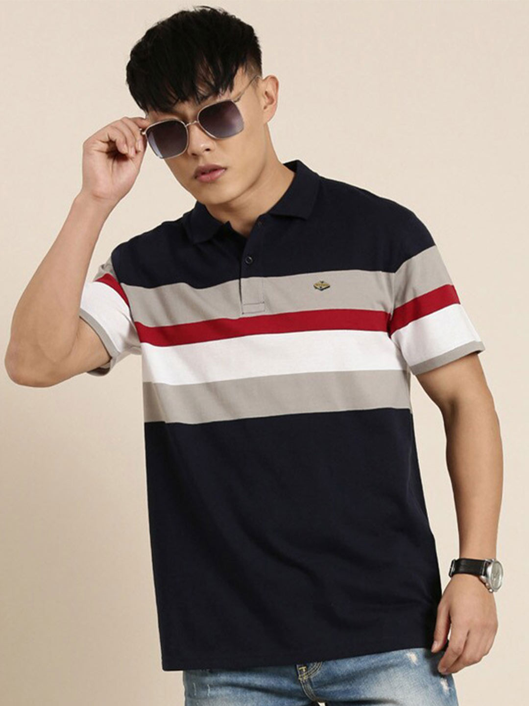 

Joven Striped Polo Collar Cotton T-Shirt, Navy blue