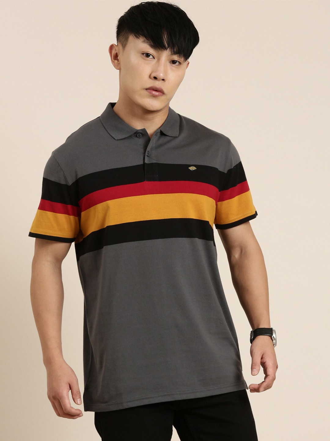 

Joven Striped Polo Collar Cotton T-shirt, Grey