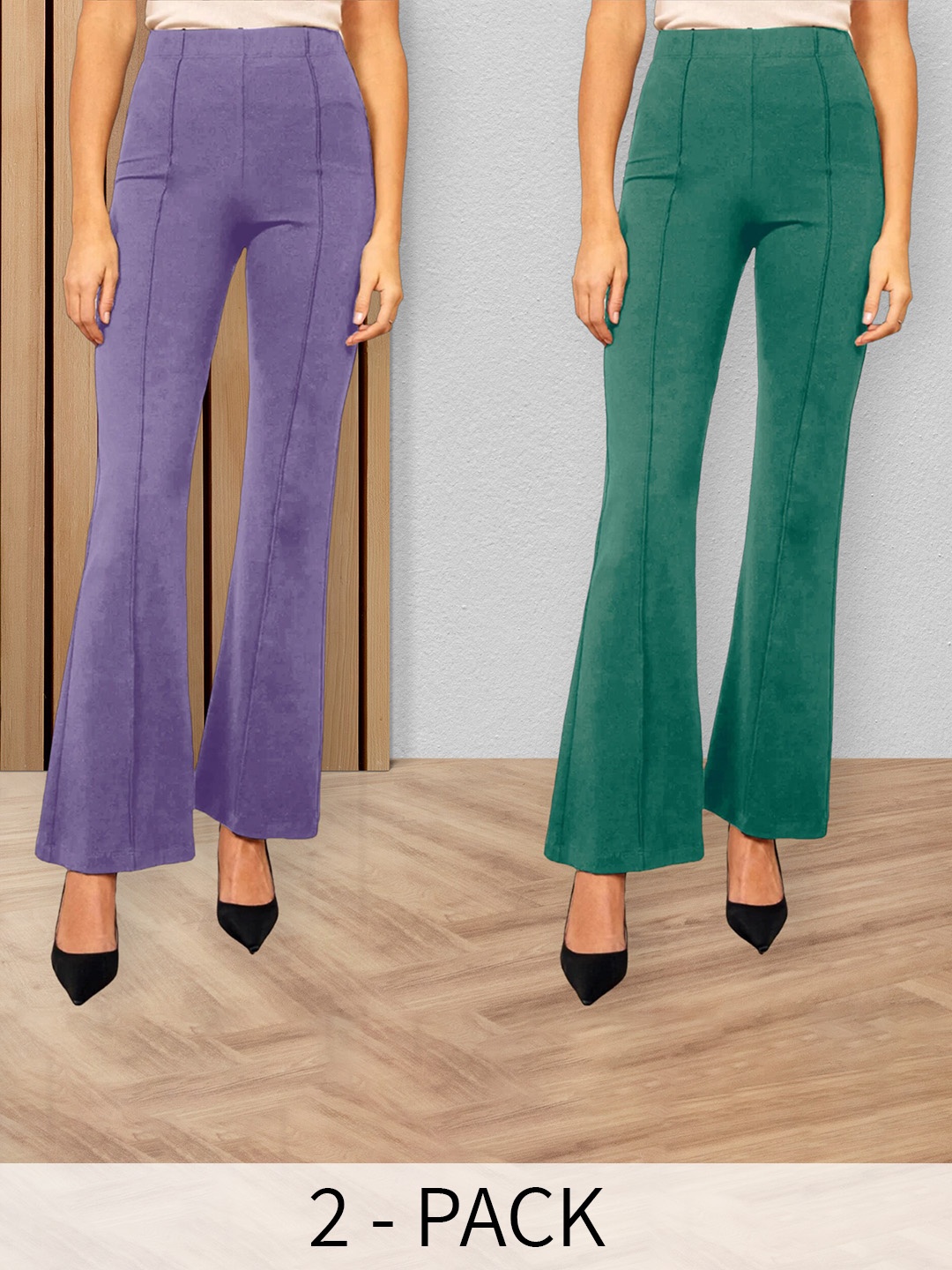 

Fabflee Women Pack Of 2 Flared High-Rise Cotton Bootcut Trousers, Purple