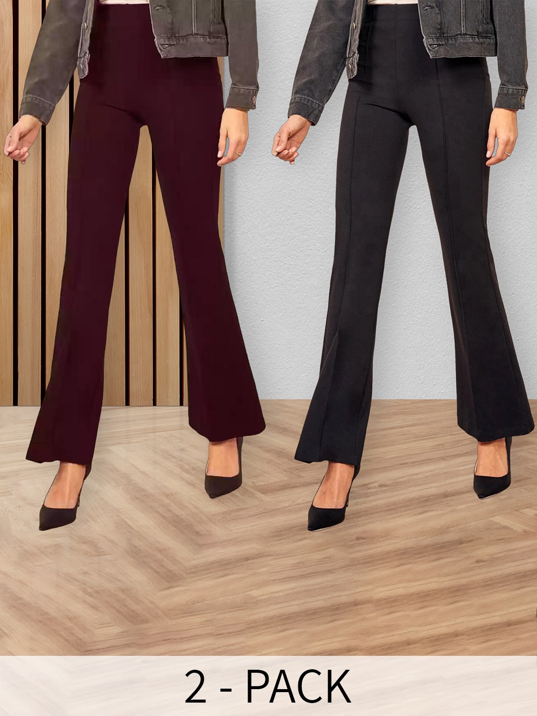 

Fabflee Women Pack Of 2 Flared High-Rise Cotton Bootcut Trousers, Maroon
