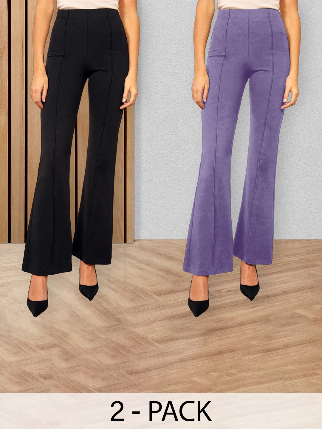

Fabflee Women Pack Of 2 Flared High-Rise Cotton Bootcut Trousers, Black