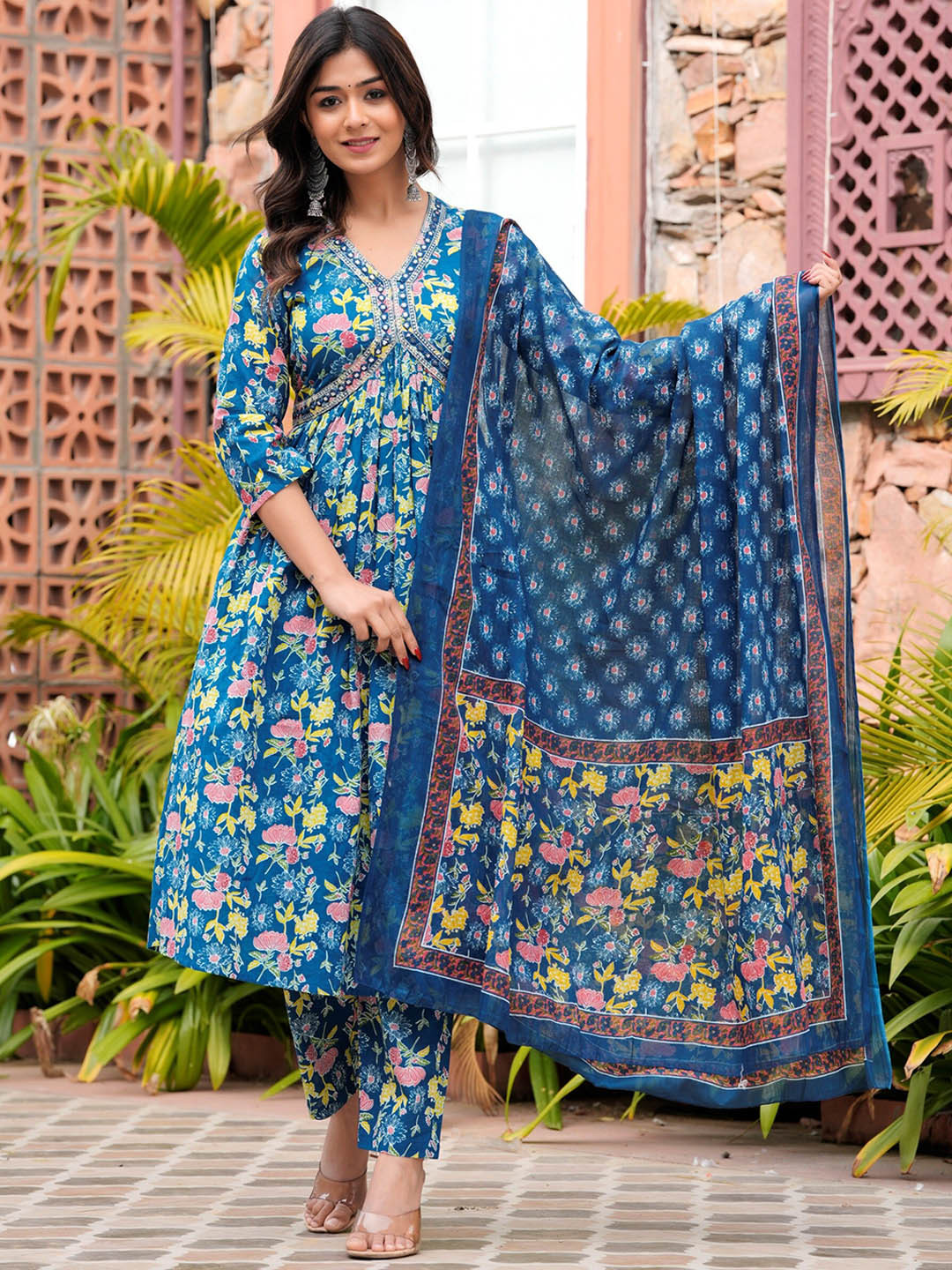 

Chandbaali Printed Empire Mirror Work Pure Cotton Kurta with Trousers & Dupatta, Blue