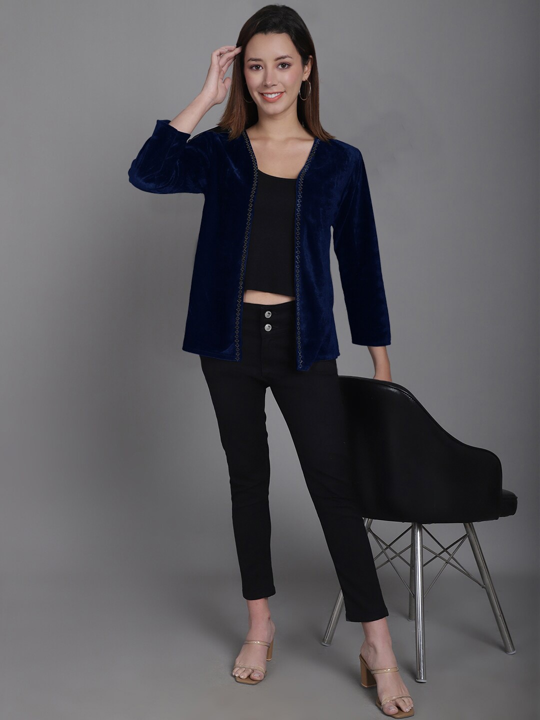 

urSense Embellished Velvet Open Front Shrug, Blue