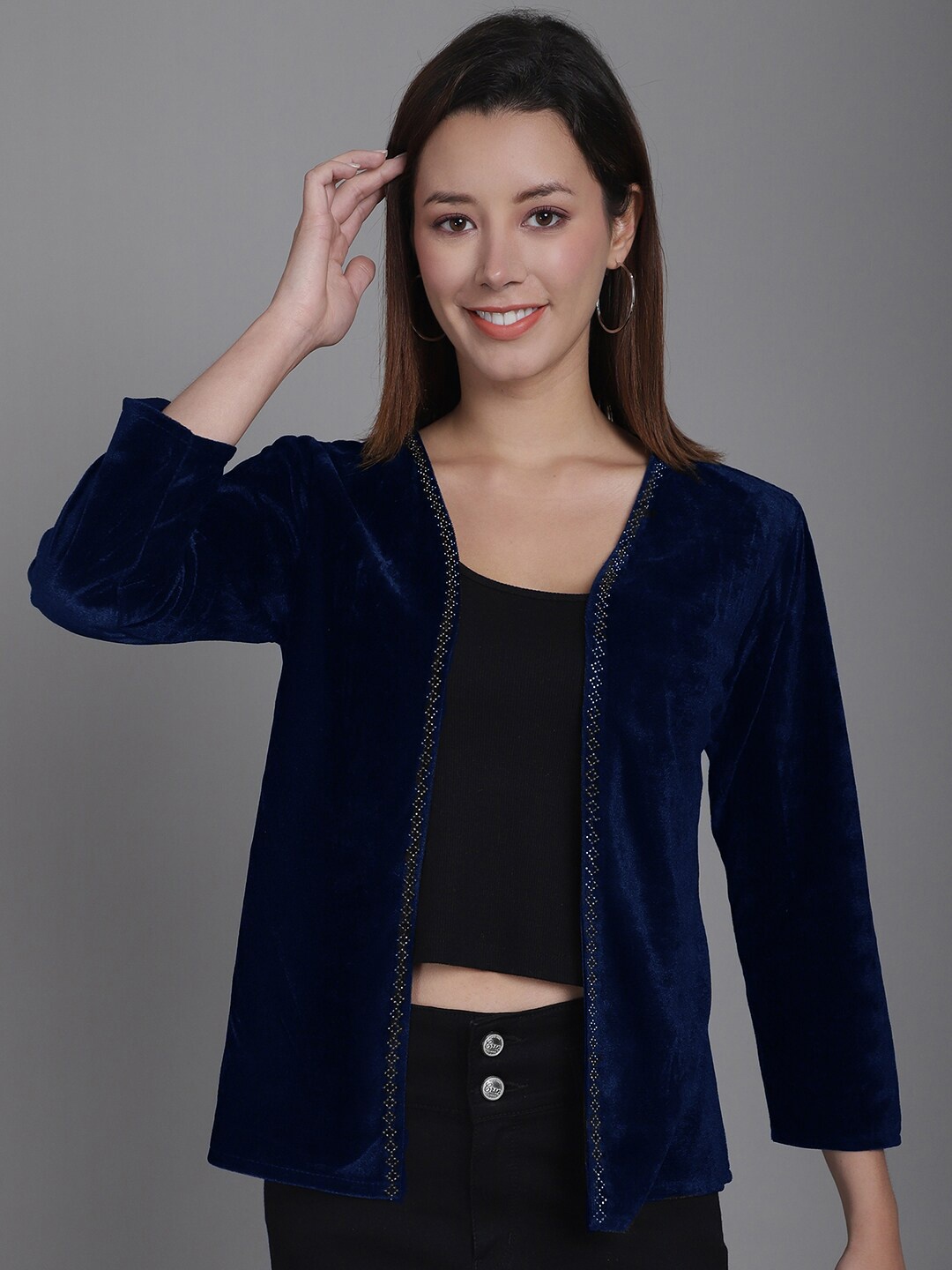 

urSense Embellished Velvet Open Front Shrug, Blue