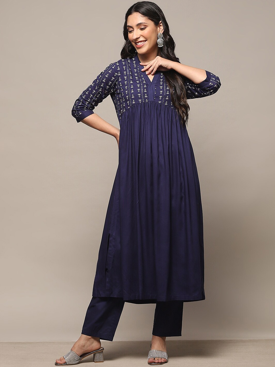 

Biba Floral Printed Empire Sequinned Pure Cotton Kurta With Trouser, Navy blue