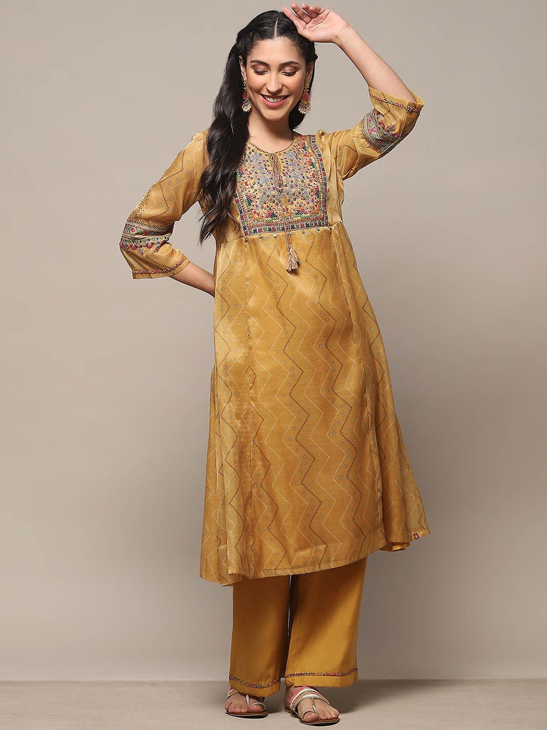 

Biba Ethnic Motifs Printed Thread Work Kurta With Palazzo, Mustard