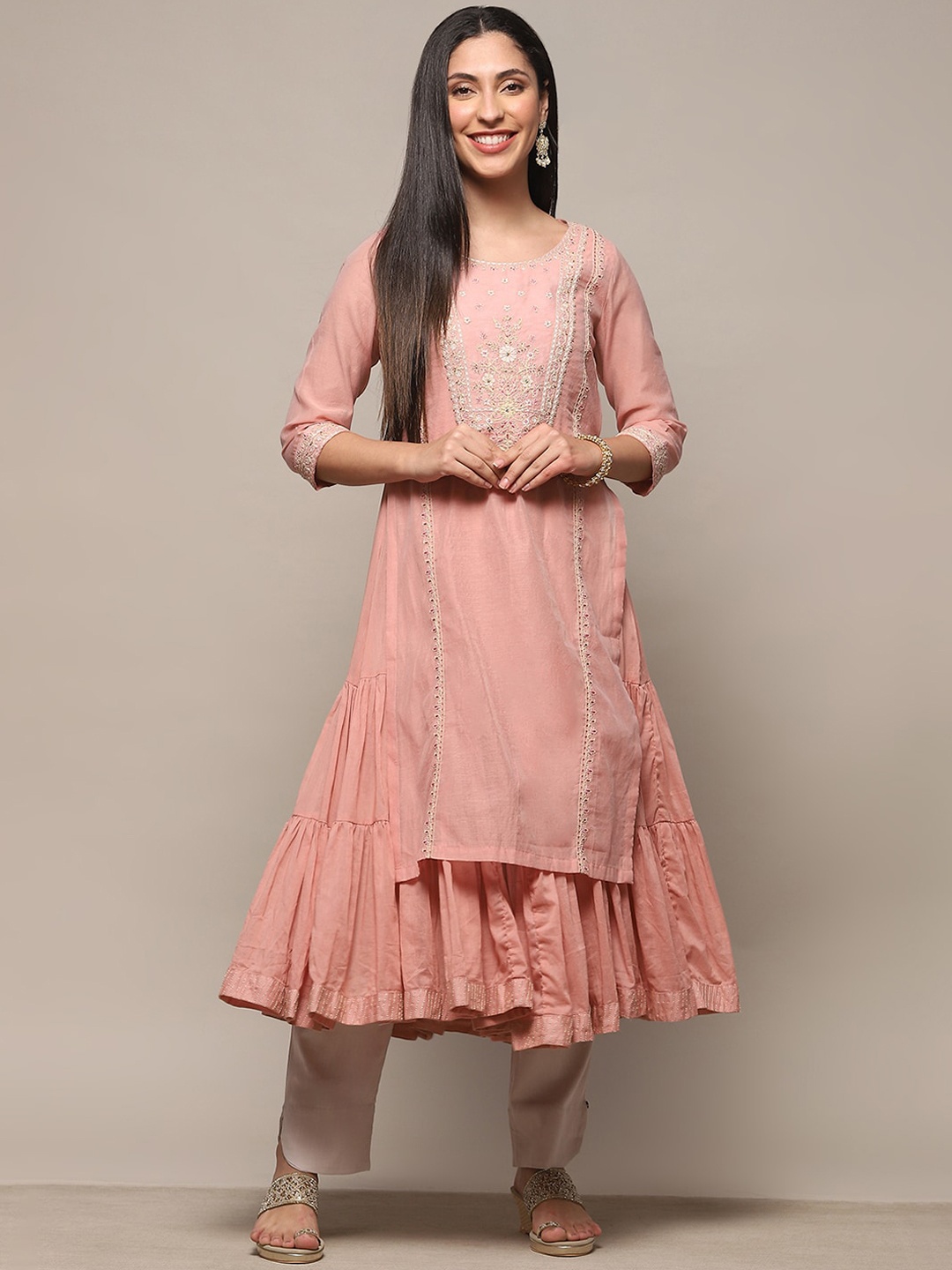 

Biba Floral embroidered Beaded Pure Cotton Straight Kurta With Slip, Pink