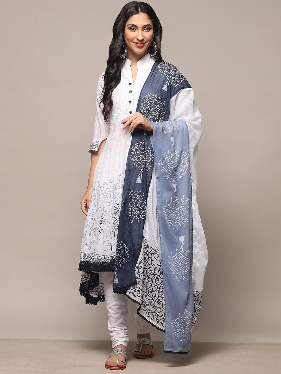 

Biba Floral Printed Empire Pure Cotton Kurta With Churidar & Dupatta, White