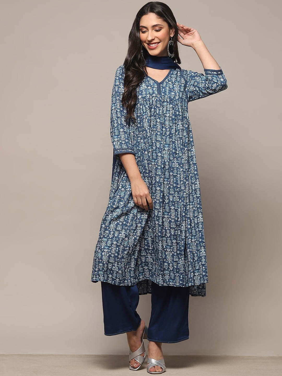 

Biba Floral Printed Empire Anarkali Kurta With Palazzo & Dupatta, Blue
