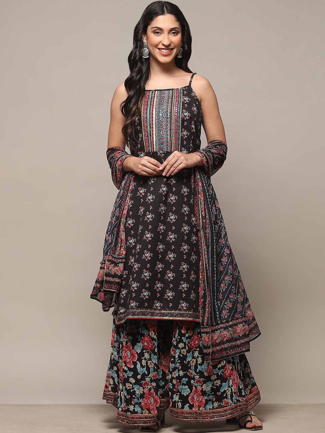 

Biba Floral Printed Mirror Work Kurta With Sharara & With Dupatta, Black