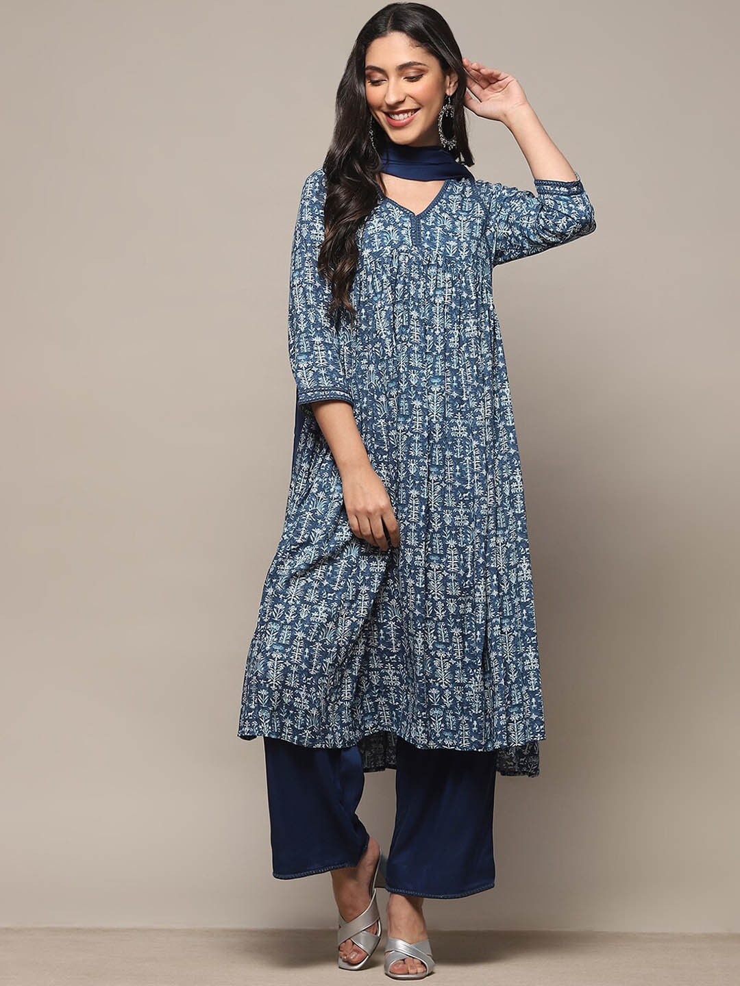 

Biba Floral Printed Empire Kurta With Palazzo & Dupatta, Blue