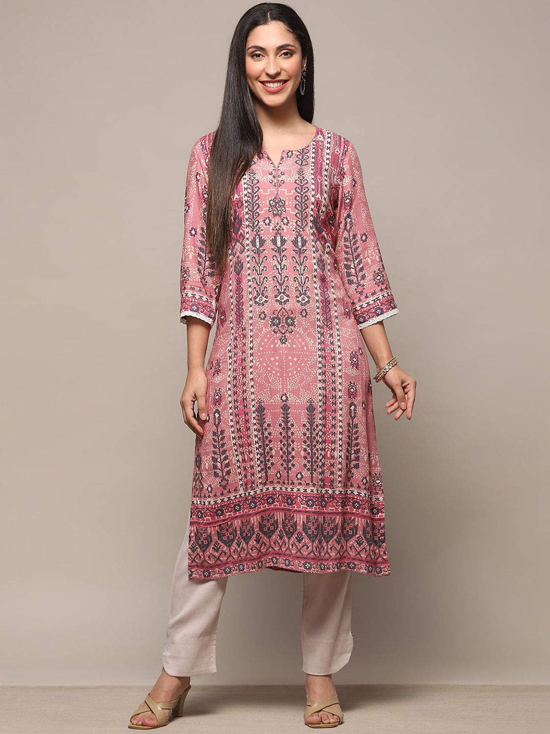 

Biba Ethnic Motifs Printed Sequined Straight Kurta, Pink