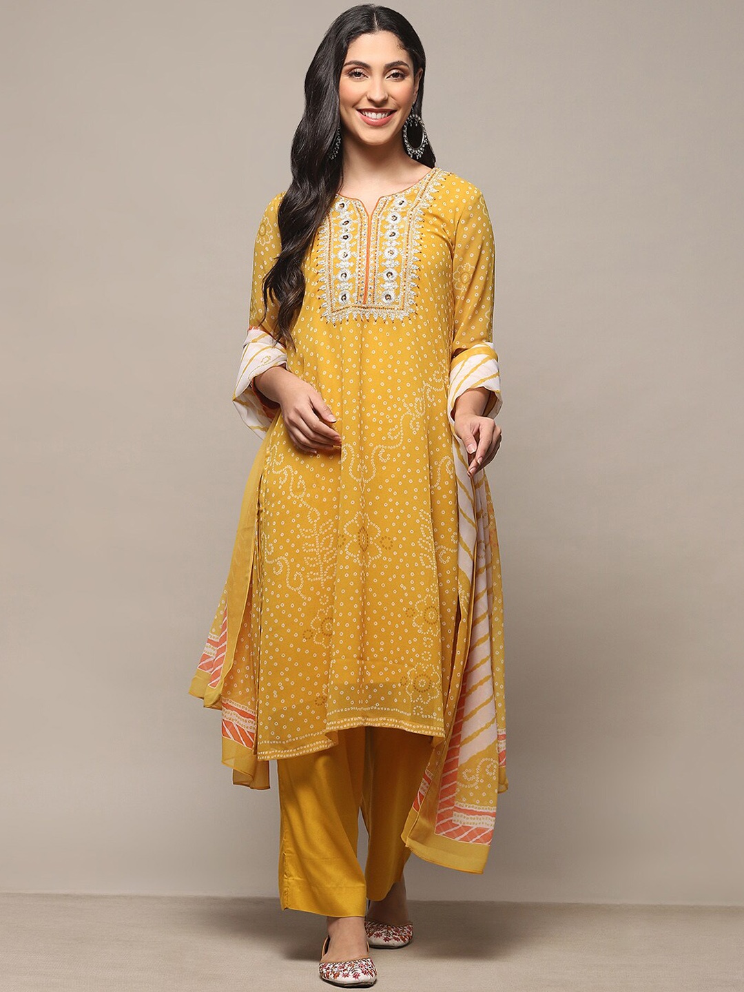 

Biba Ethnic Motifs Embroidered Sequinned Kurta With Trouser & Dupatta, Yellow