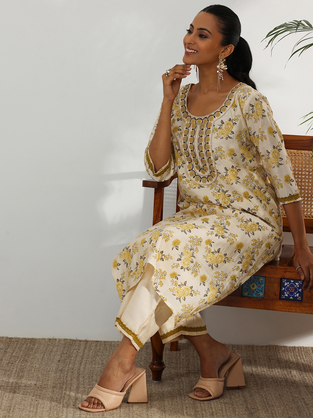 

Libas Floral Printed Regular Chanderi Silk Kurta with Trousers, Beige