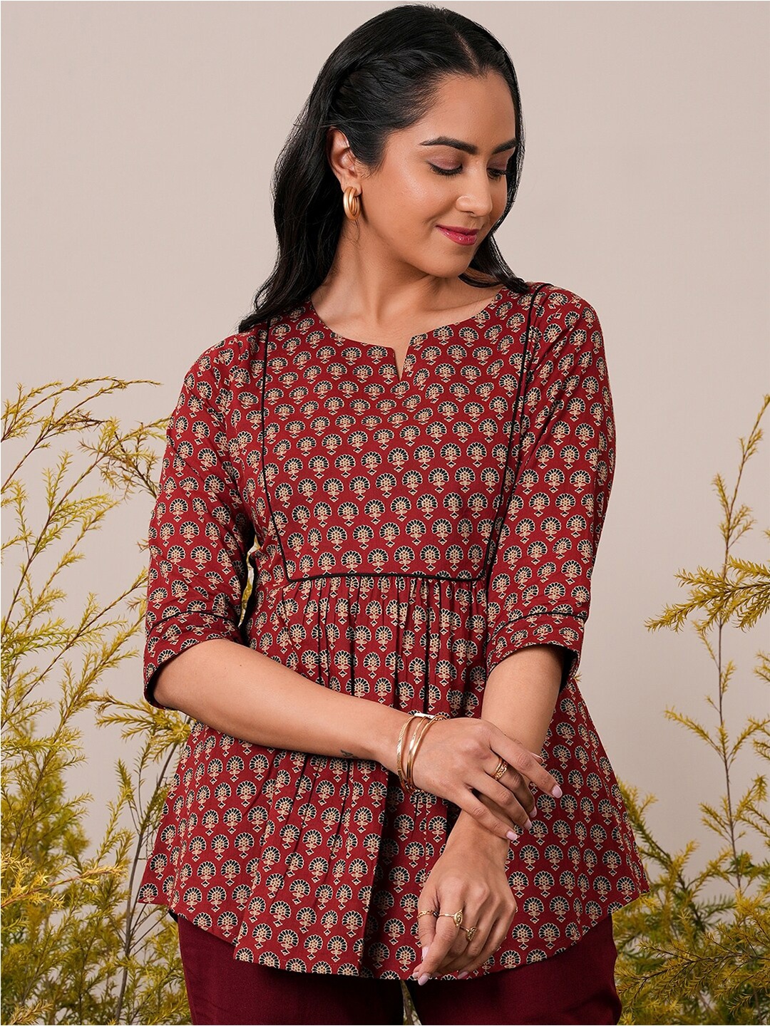 

Libas Floral Printed Pure Cotton Pleated A-Line Kurti, Maroon