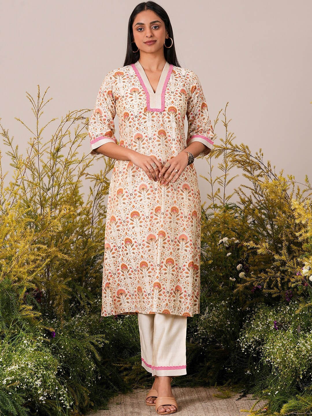 

Libas Floral Printed Regular Chanderi Silk Kurta With Palazzos, Beige