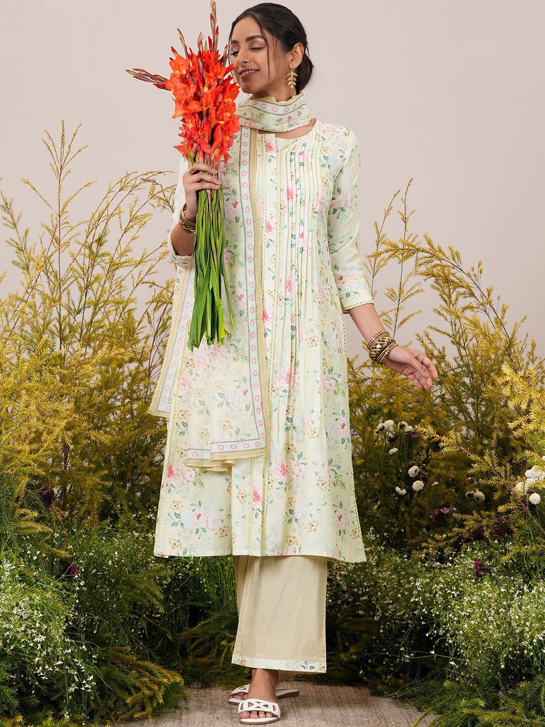 

Libas Floral Printed Pleated Beads and Stones Kurta with Palazzos & Dupatta, Yellow