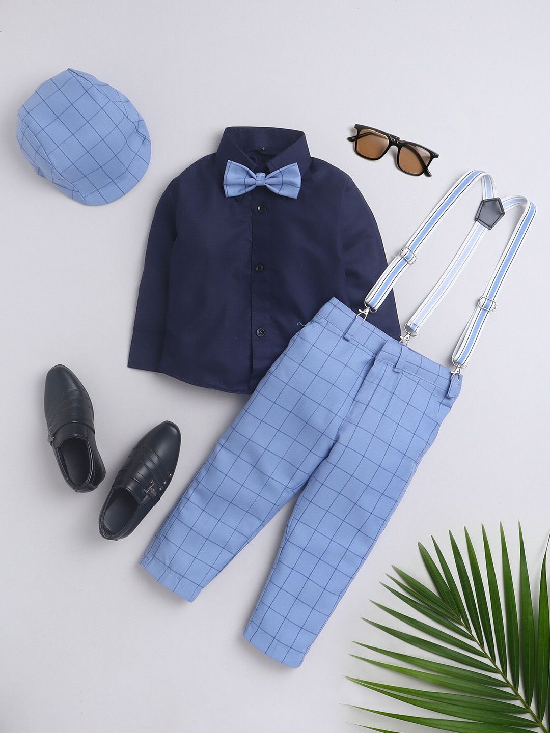 

BAESD Boys Checked Long Sleeves Shirt With Trousers Cap Bow & Suspenders, Blue
