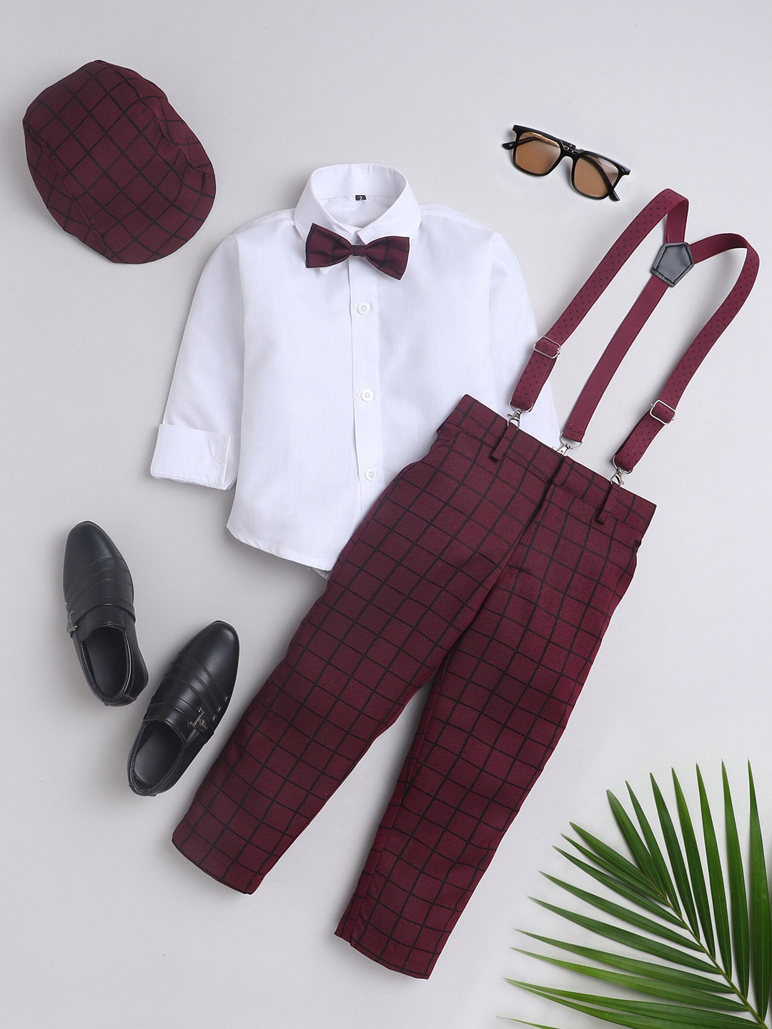 

BAESD Boys Checked Long Sleeves Shirt With Trousers Cap Bow & Suspenders, Maroon