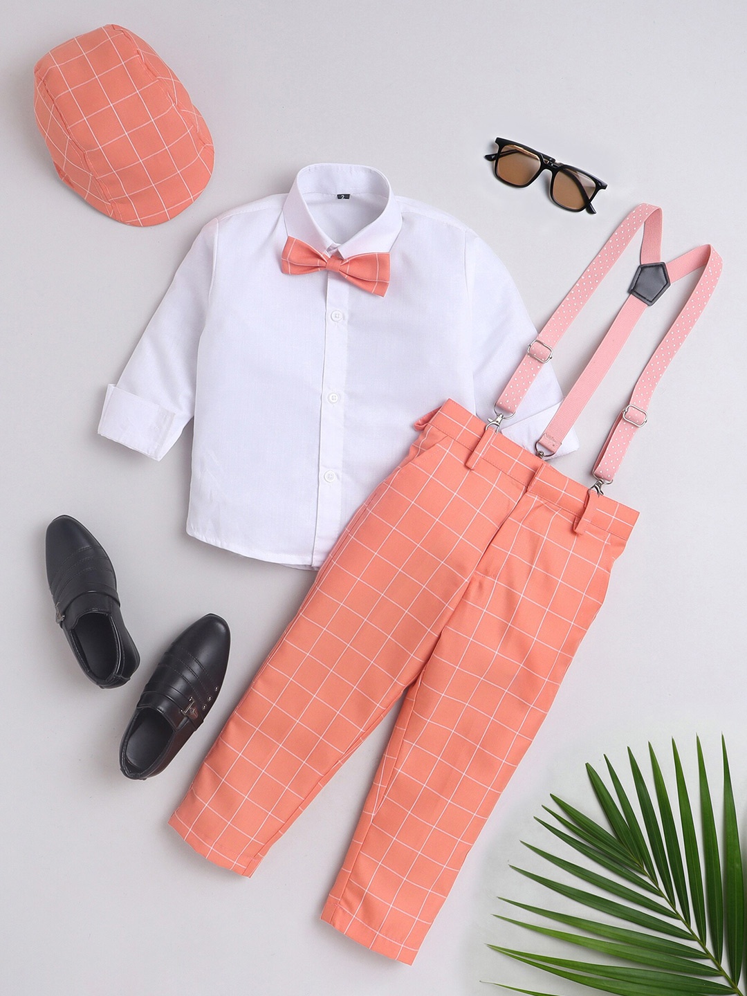 

BAESD Boys Checked Long Sleeves Shirt With Trousers Cap Bow & Suspenders, Peach