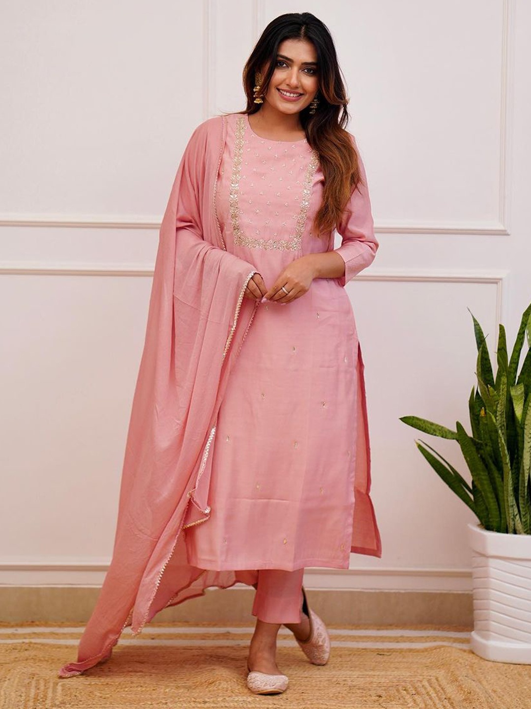 

KALINI Women Ethnic Motifs Embroidered Regular Kurta with Trousers & With Dupatta, Peach