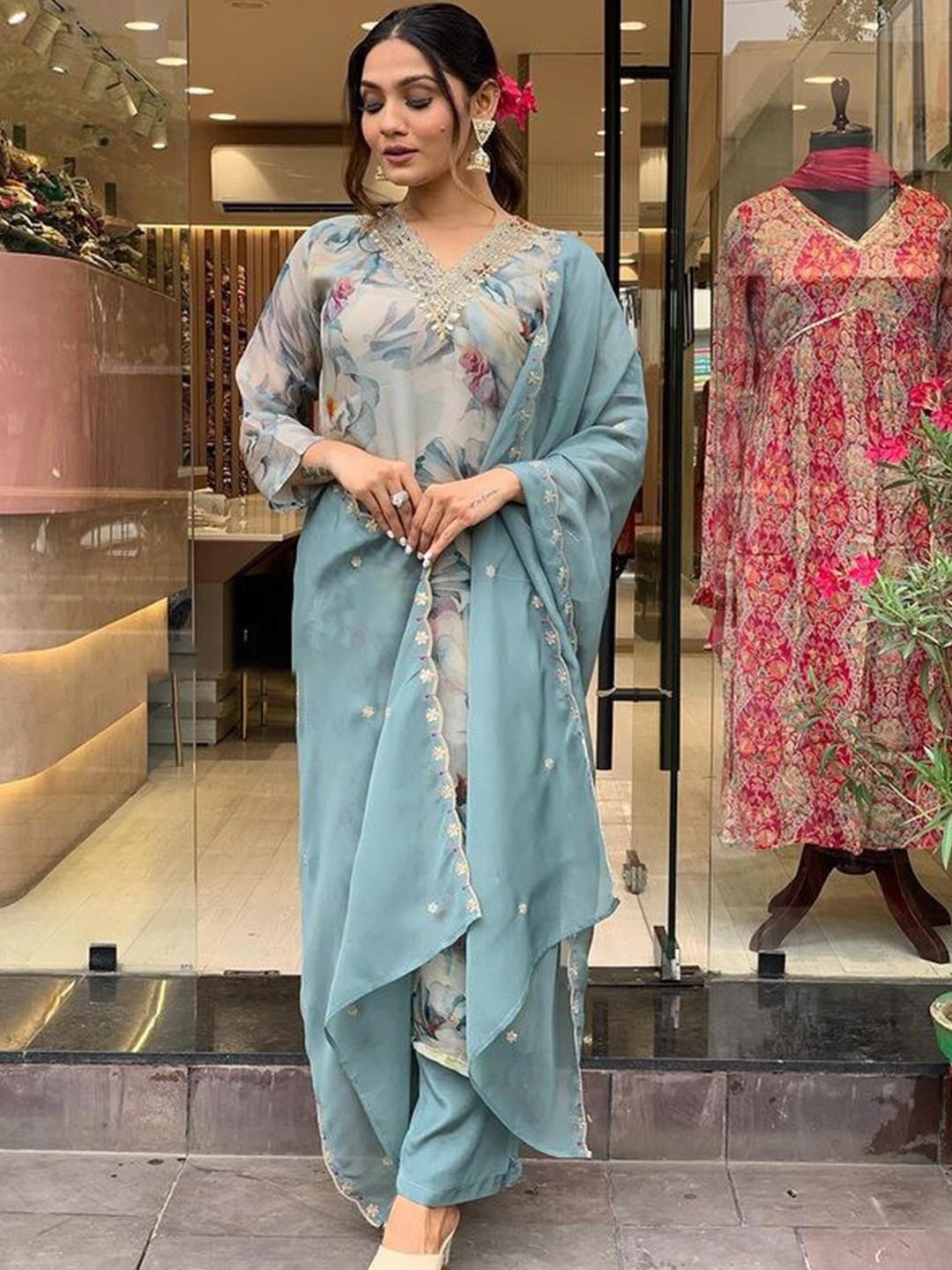 

KALINI Floral Embroidered Regular Kurta with Trousers & With Dupatta, Blue