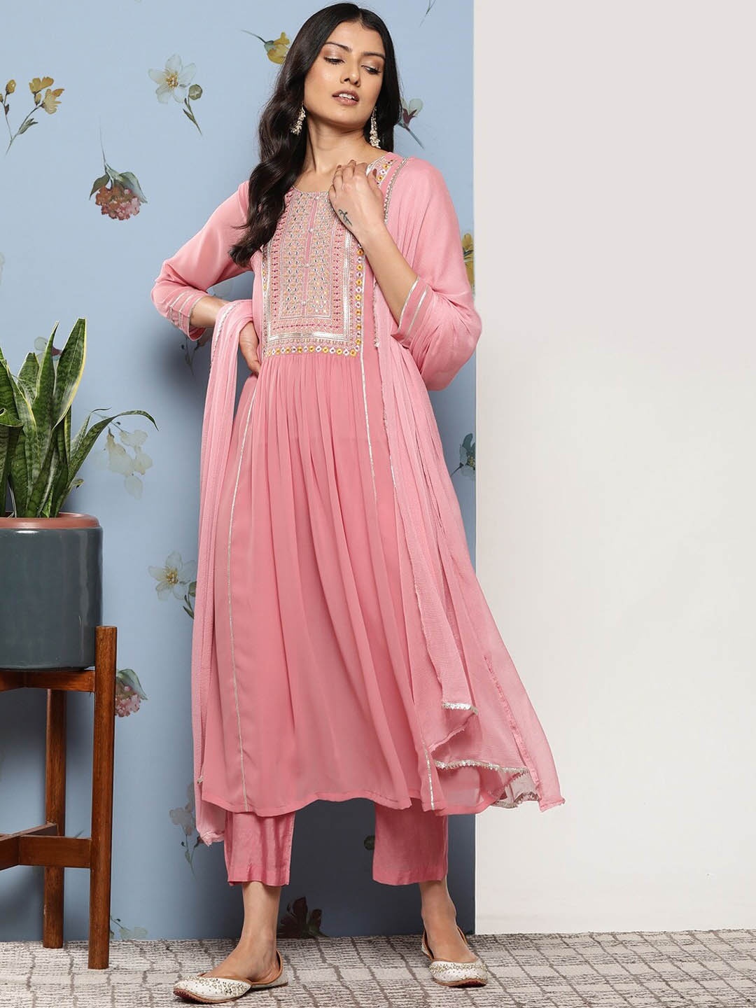 

KALINI Ethnic Motifs Zari Embroidered Pleated Kurta With Trousers & Dupatta, Pink