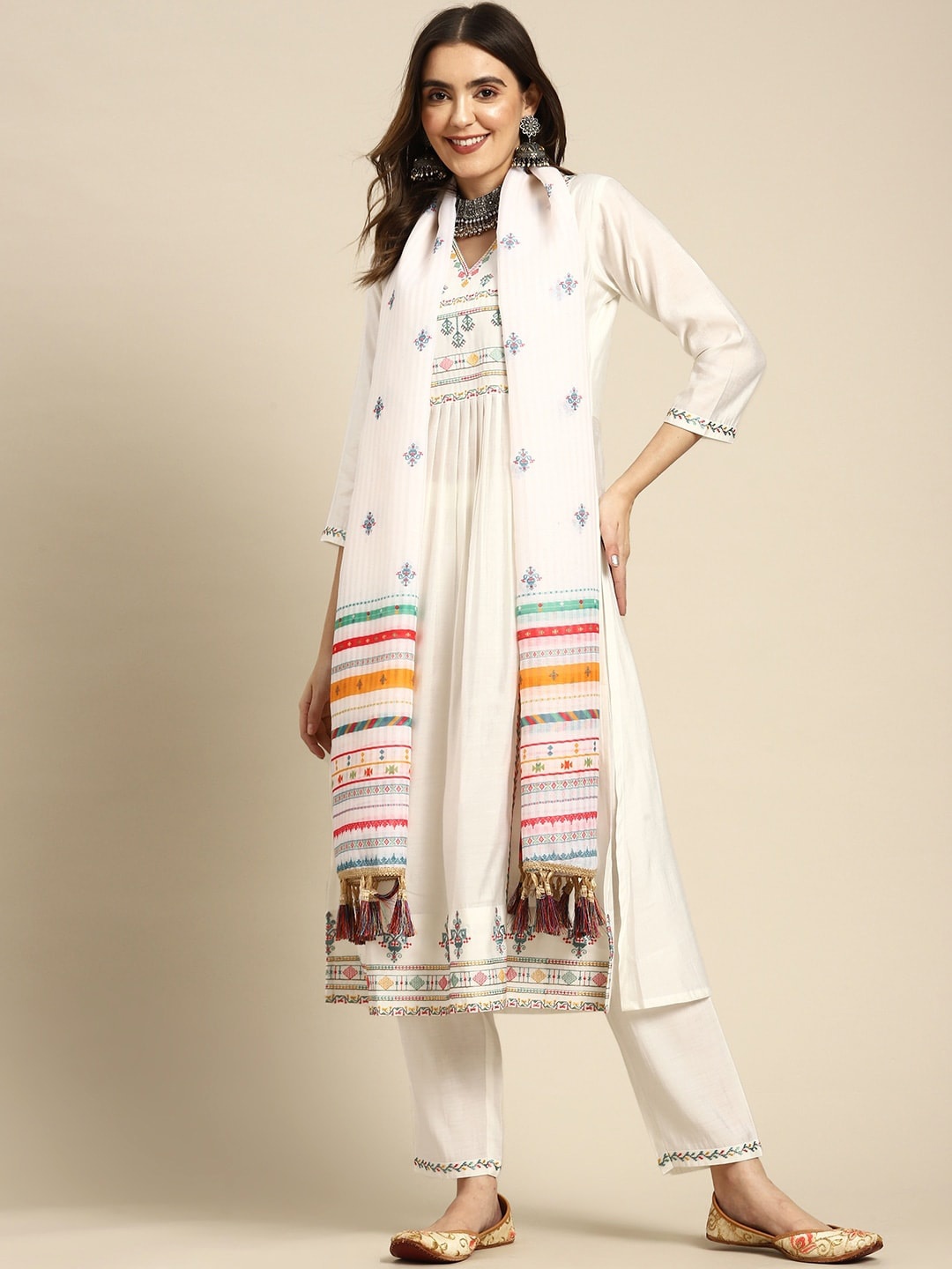 

KALINI Embroidered Regular Thread Work Pure Cotton Kurta with Trousers & Dupatta, White