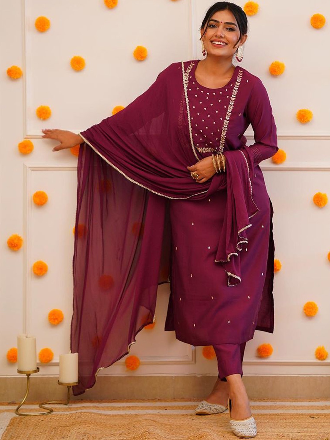 

KALINI Ethnic Motifs Embroidered Regular Kurta with Trousers & Dupatta, Purple