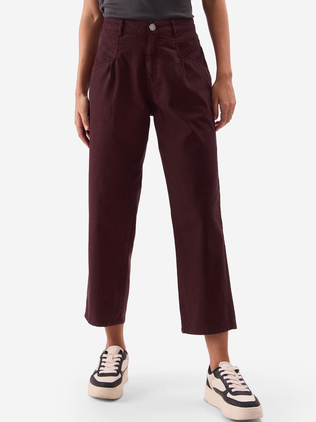 

The Souled Store Women High-Rise Loose Fit Pleated Culotte Trouser, Burgundy