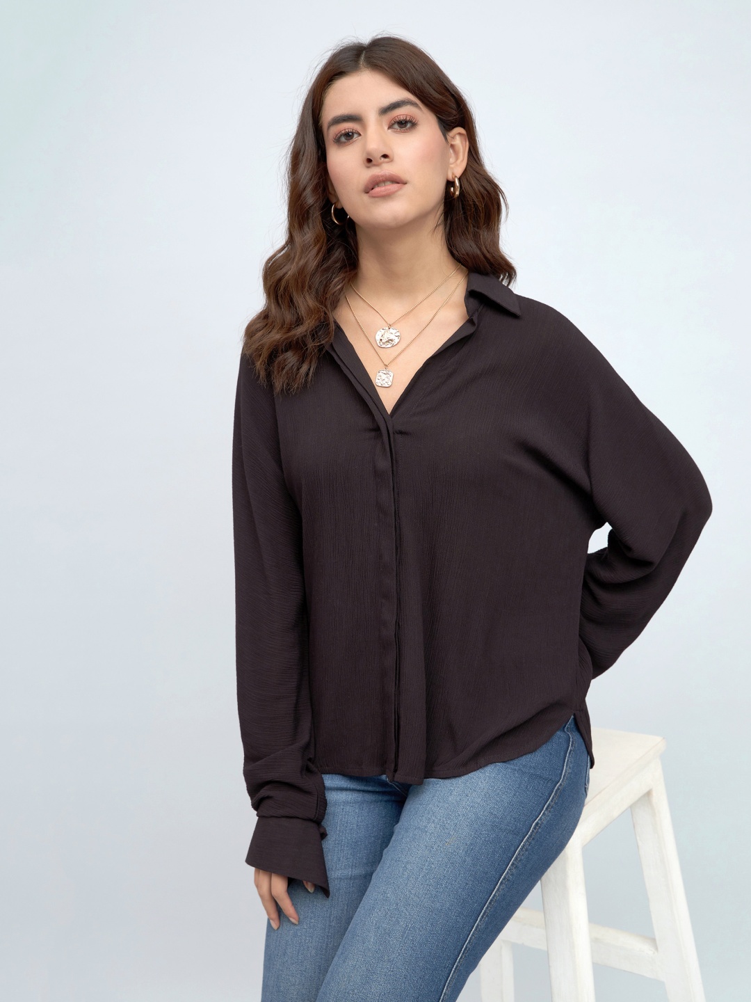 

DL Woman Shirt Collar Shirt Style Top, Black