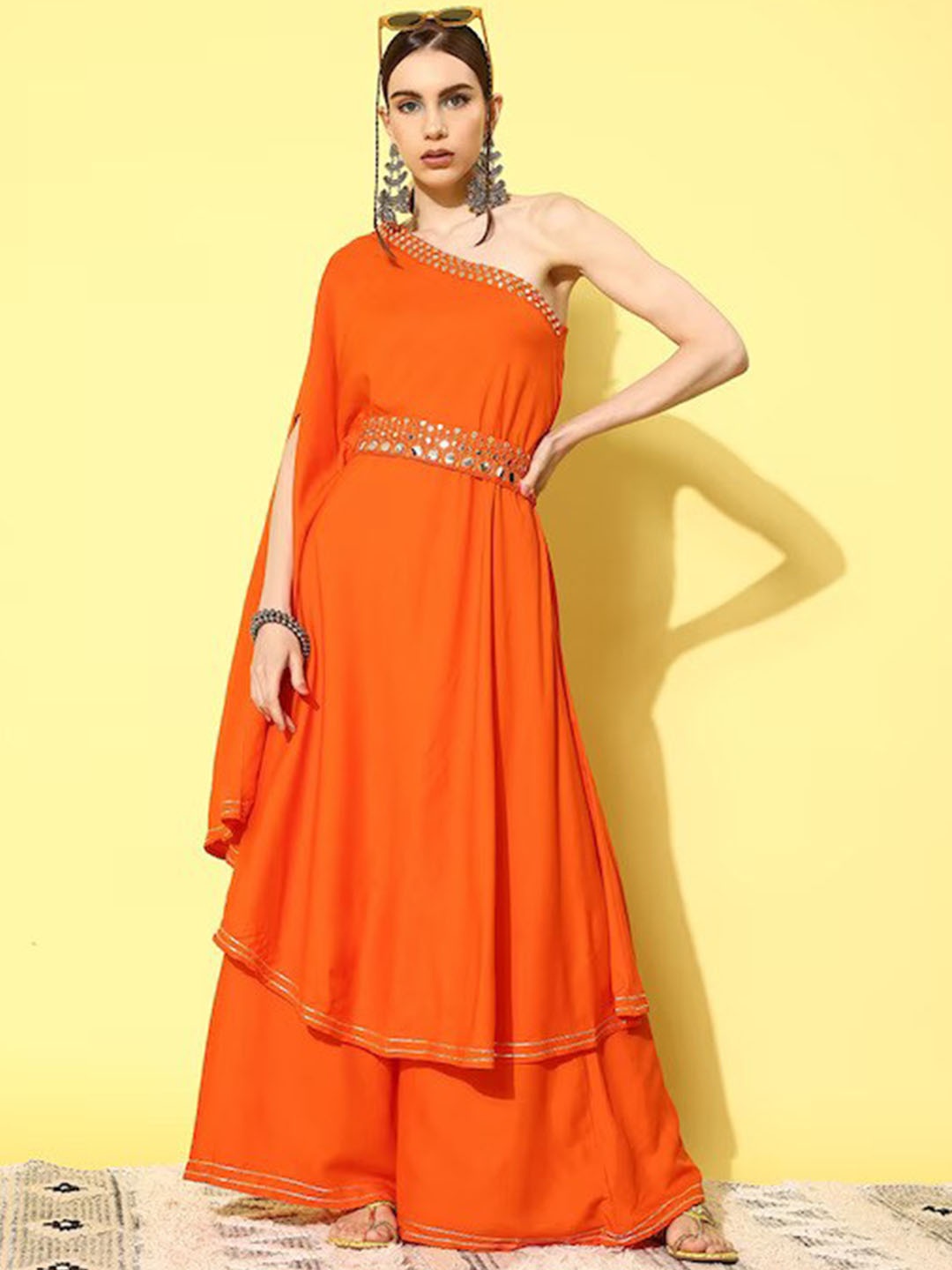 

InWeave One Shoulder Mirror Work Belted A-Line Kurta with Palazzos, Orange