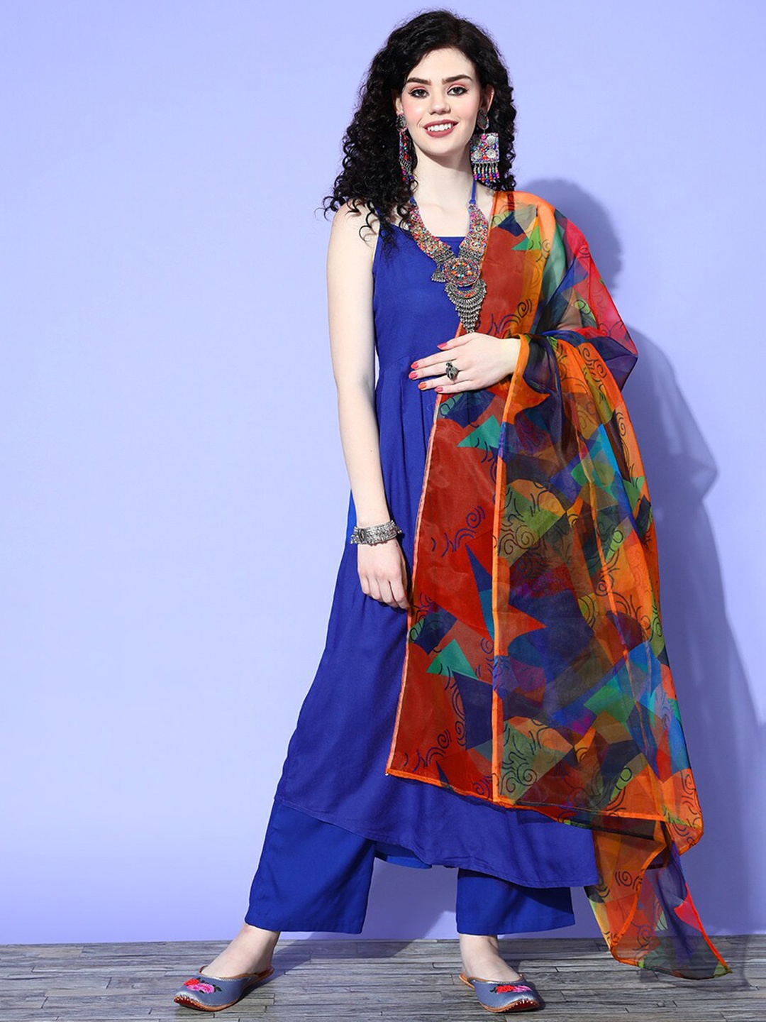 

InWeave Shoulder Straps Anarkali Kurta with Palazzos & Dupatta, Blue