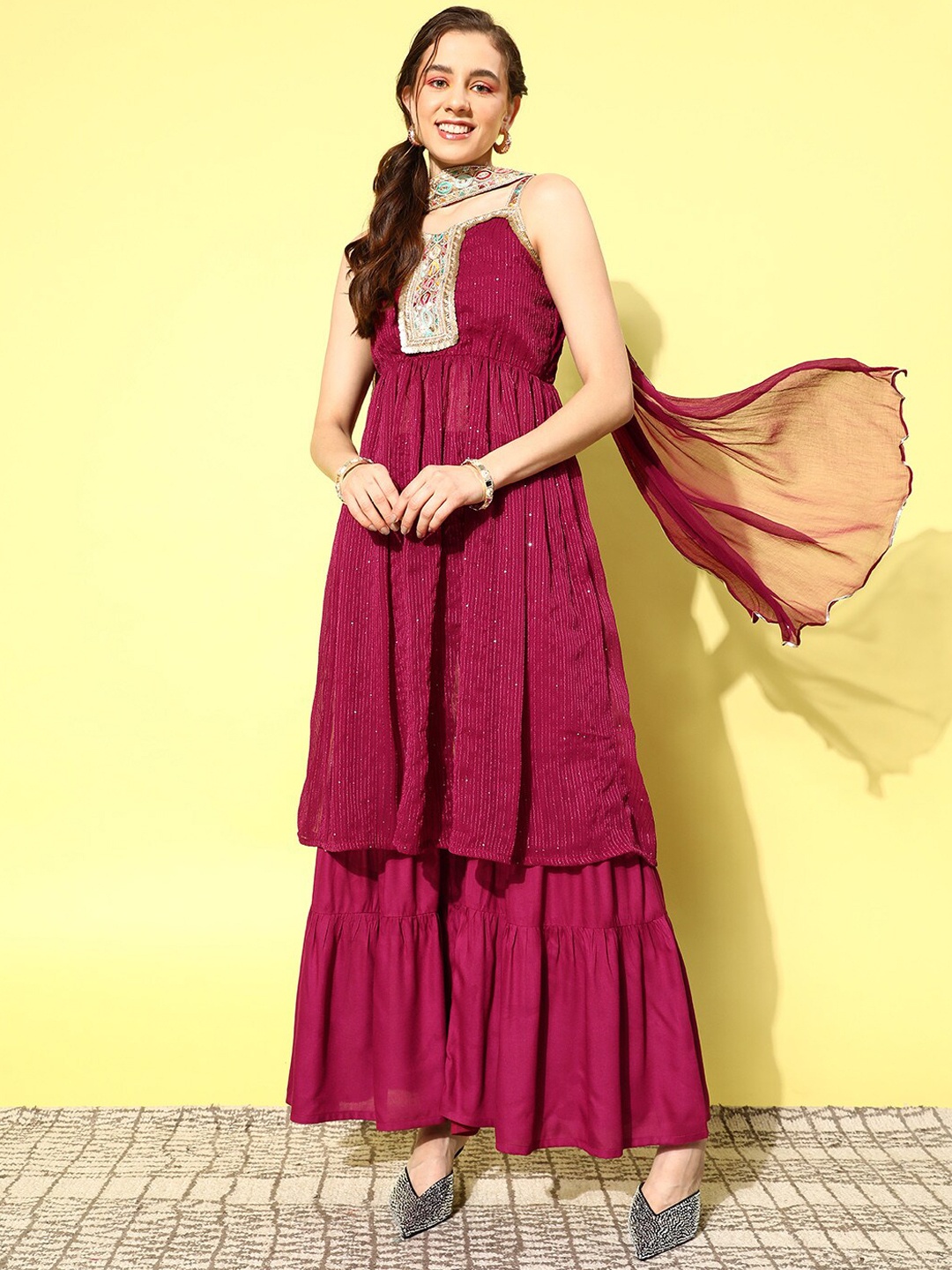 

InWeave Striped Embroidered Gotta Patti A-Line Kurta with Sharara & Dupatta, Fuchsia