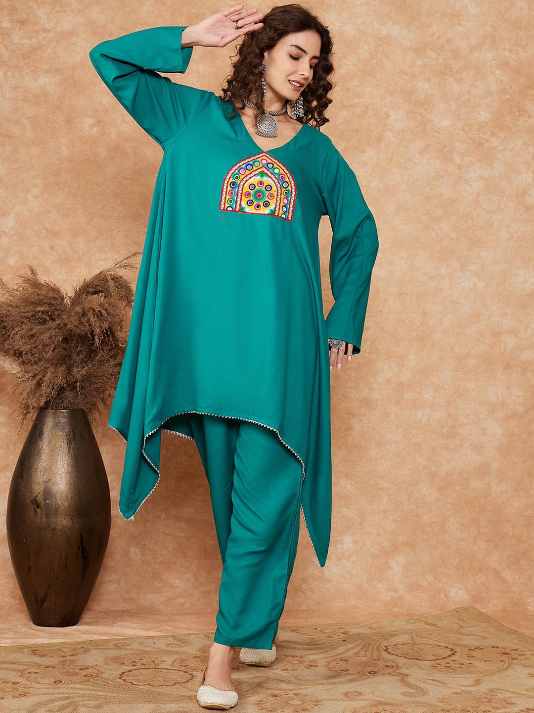 

InWeave Ethnic Motifs Embroidered V Neck Regular Mirror Work Kurta with Trouser, Teal