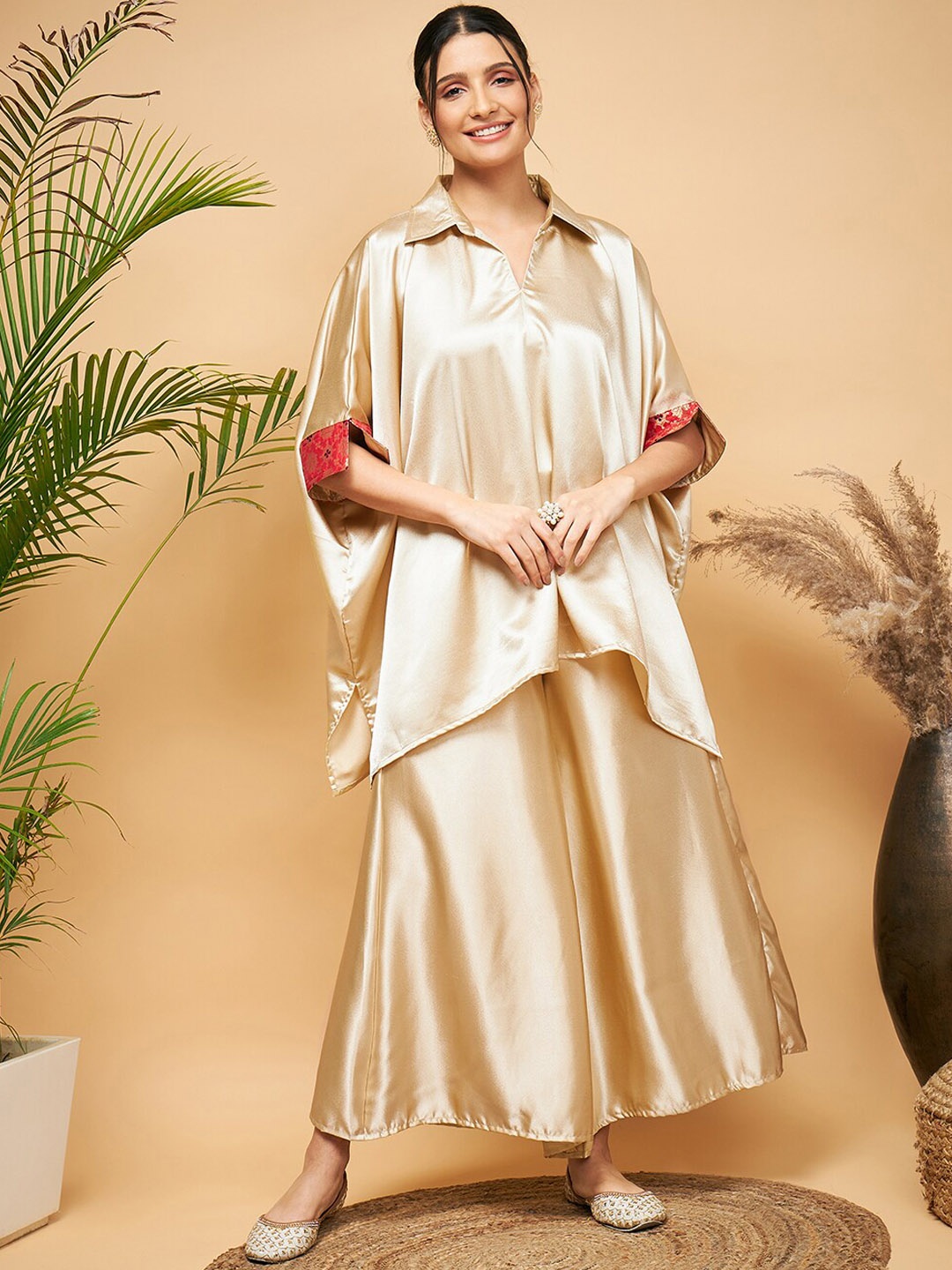 

InWeave Shirt Collar Satin Top With Palazzos, Beige