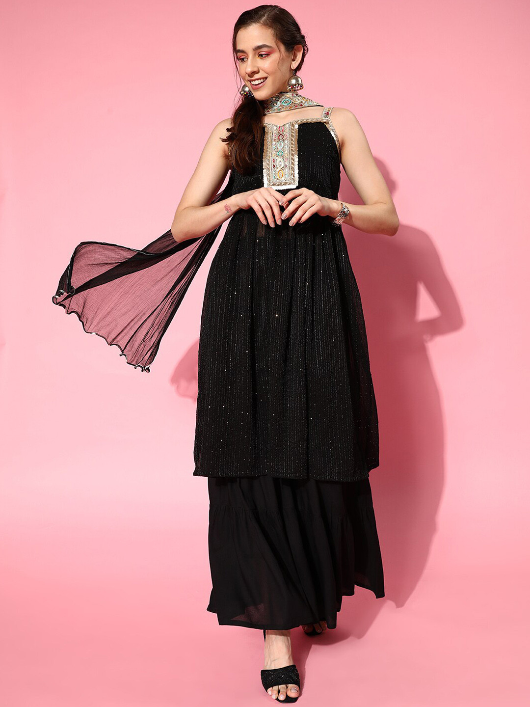 

InWeave Striped Embroidered Regular Gotta Patti Kurta with Sharara & Dupatta, Black