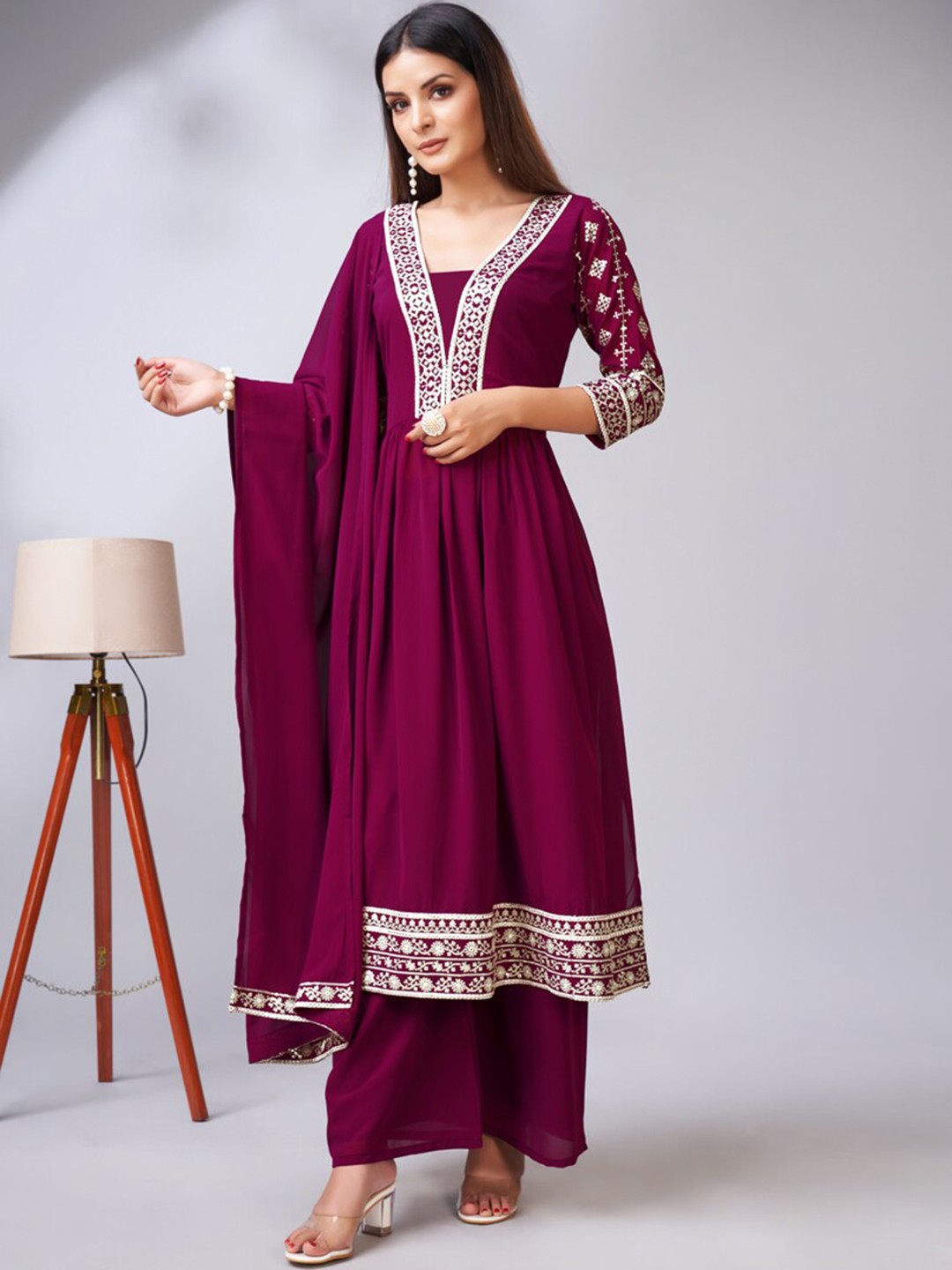 

ASISA Floral Embroidered Sequinned V-Neck Straight Kurta with Palazzos & Dupatta, Purple