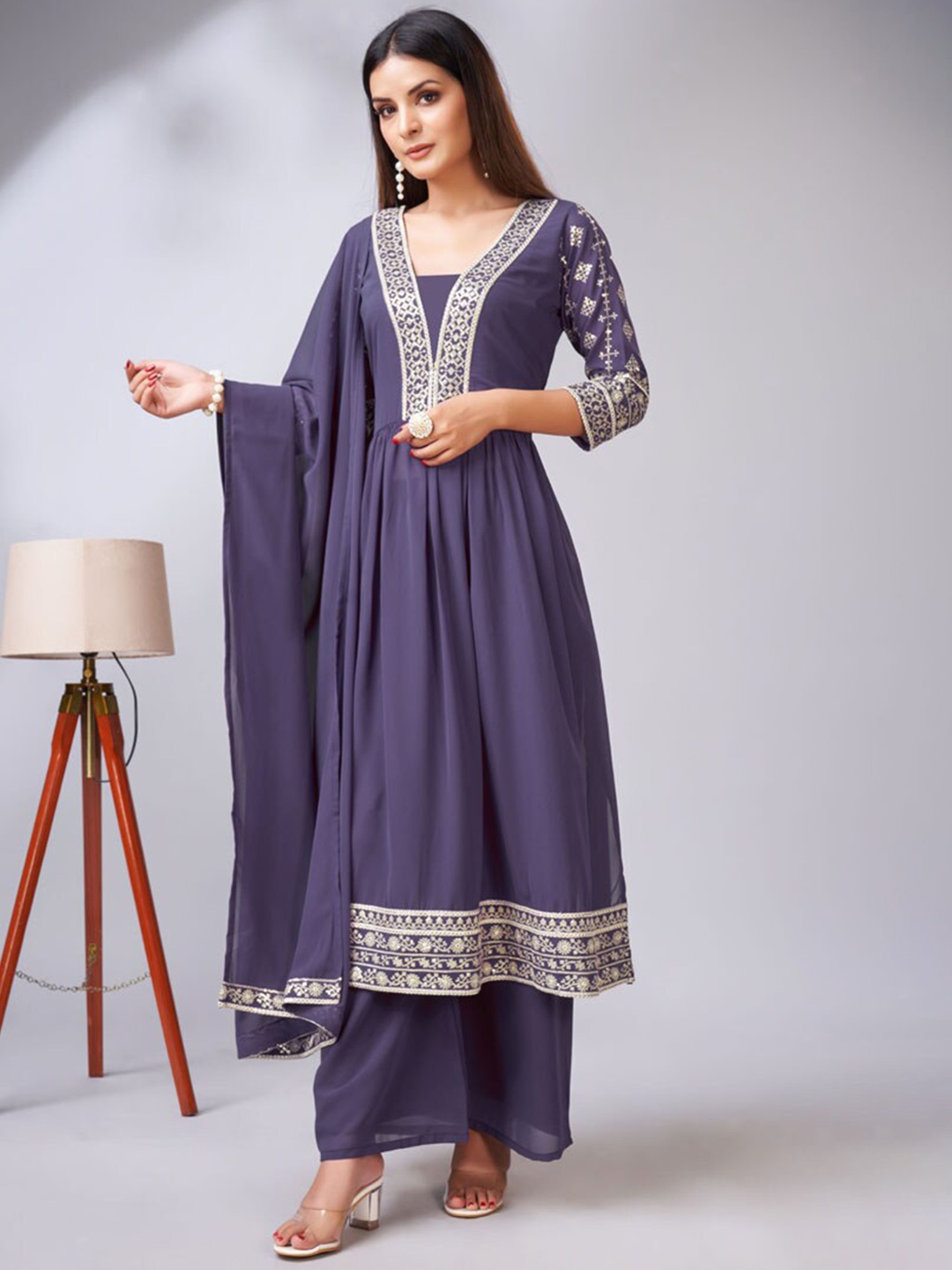 ASISA Floral Embroidered Sequinned V-Neck Straight Kurta with Palazzos & Dupatta, Lavender