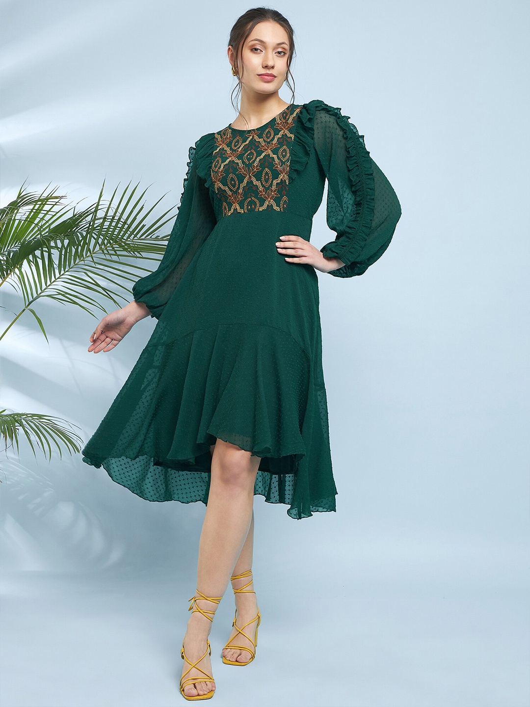 

Antheaa Embroidered Puff Sleeve Fit & Flare Midi Dress, Green